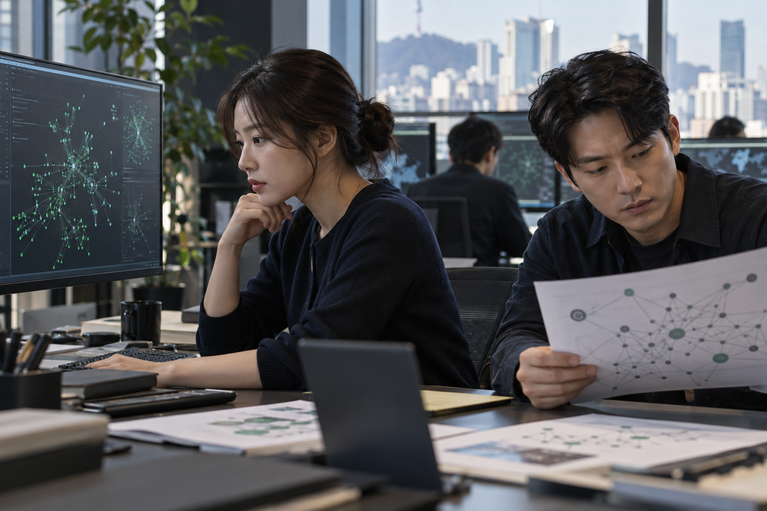 Illustrative scene of plainclothes investigators reviewing a transaction network together