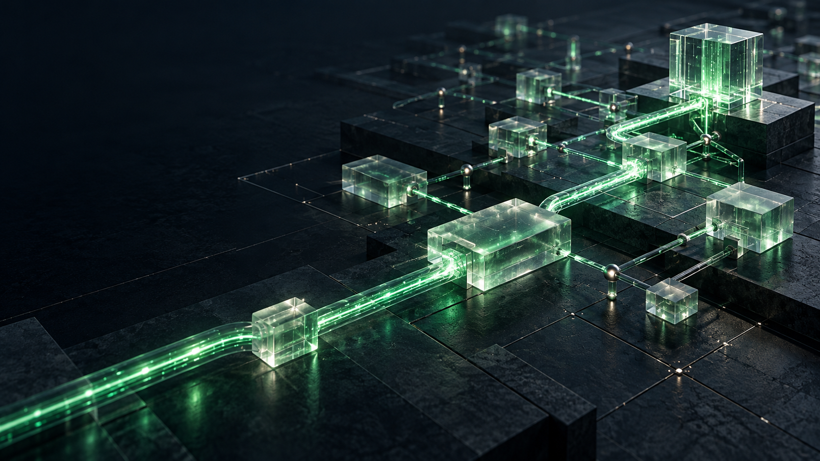 Sculptural glass nodes connected by an emerald transaction trail