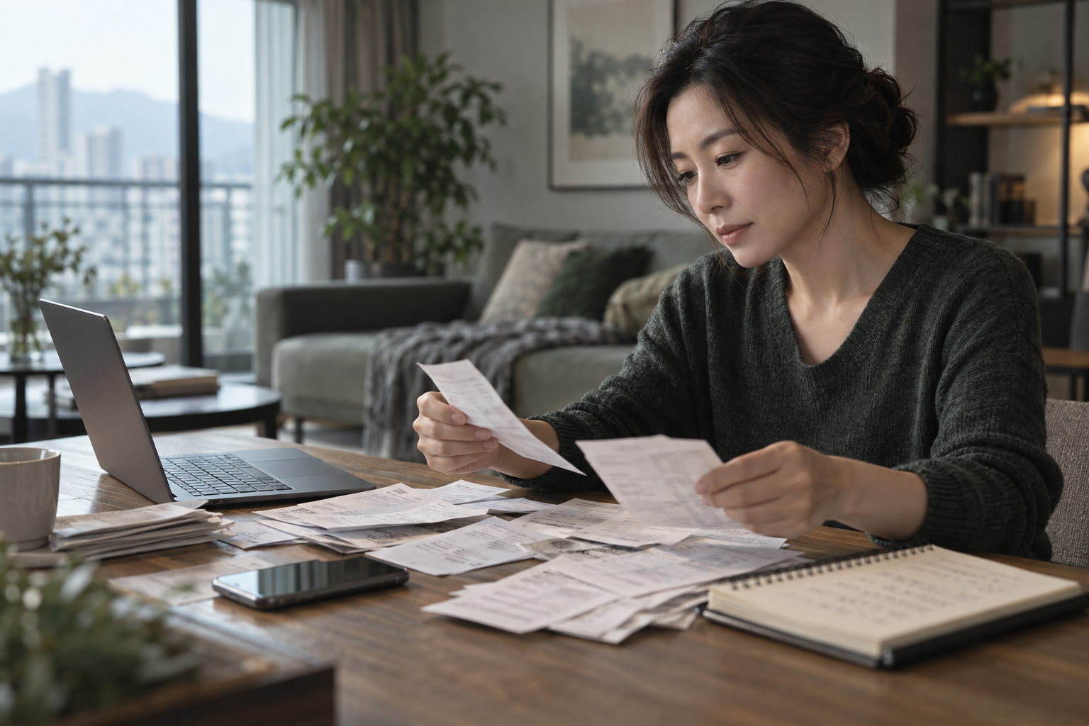Illustrative scene of a woman organizing transaction records at home